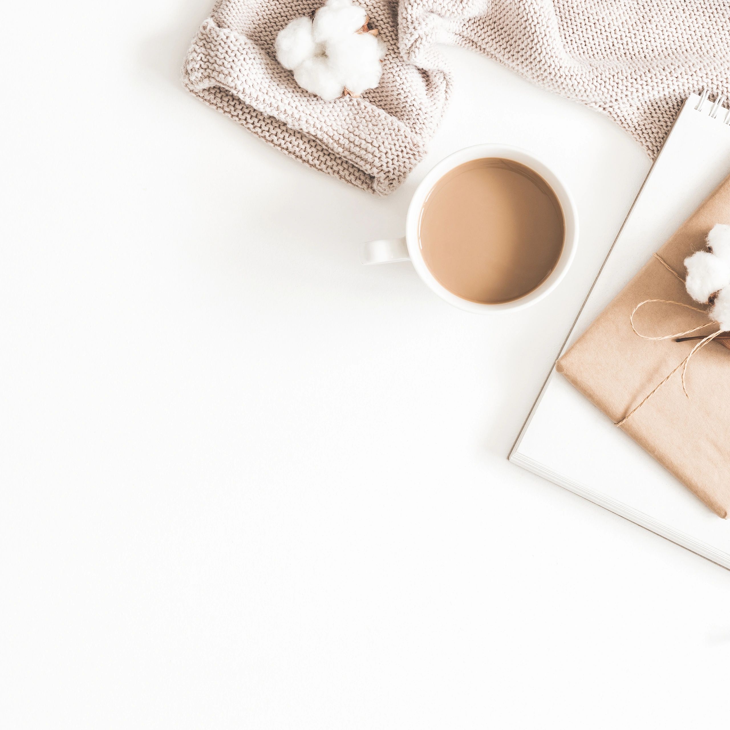 Flat lay with coffee, sweater, and dried leaves in warm neutral tones